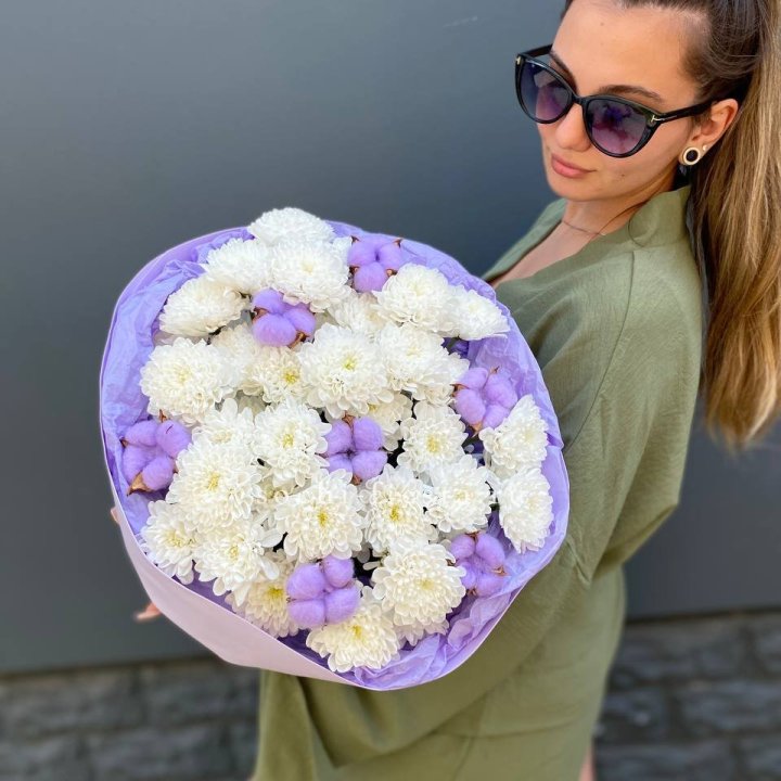  Букет  хризантем и хлопка в Грозные