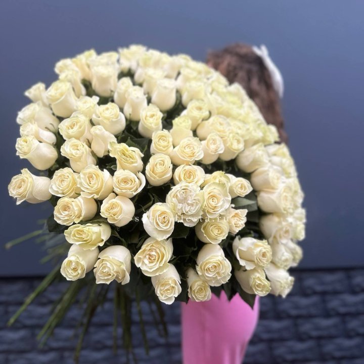 101 белая высокая импортная роза под ленту в Грозные